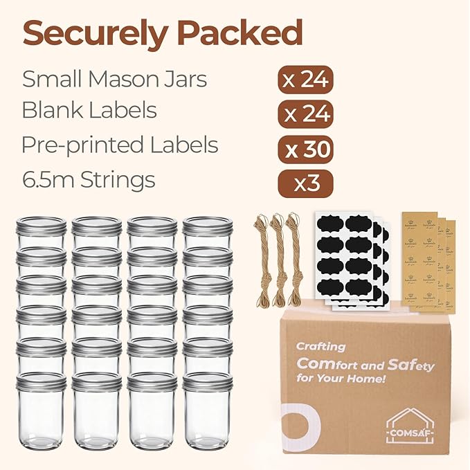 ComSaf Small Mason Jars 8 oz 24Pcs Bulk Set, Half Pint Regular Mouth Mason Jar with Lids and Seal Bands, Glass Canning Jars for Jam, Jelly, Spice, Meal Prep, Shower Wedding Favors, DIY Candles Decor