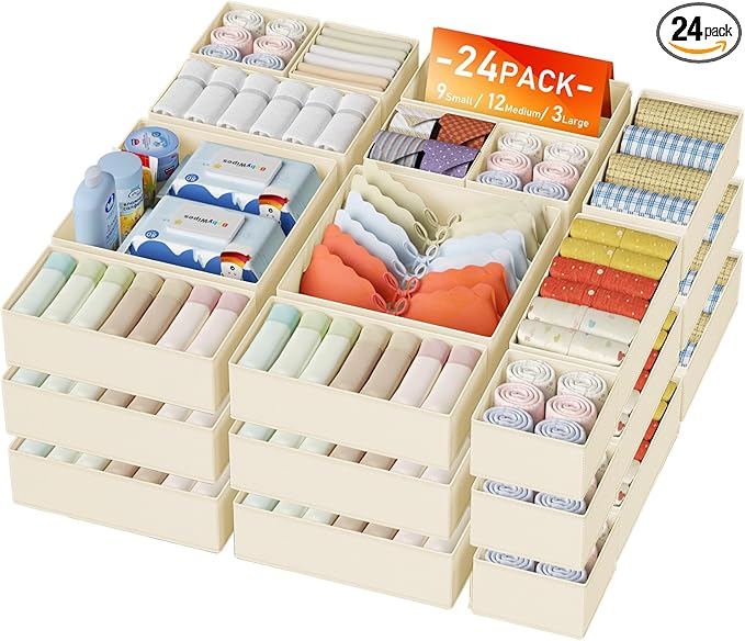 DIMJ Drawer Organizer Clothes 24 Pack - Foldable Baby Organizers and Storage Dresser Organizer for Bedroom, Closet Nursery Organization Dresser Dividers for underwear, Sock, Bra, Belt, Tie