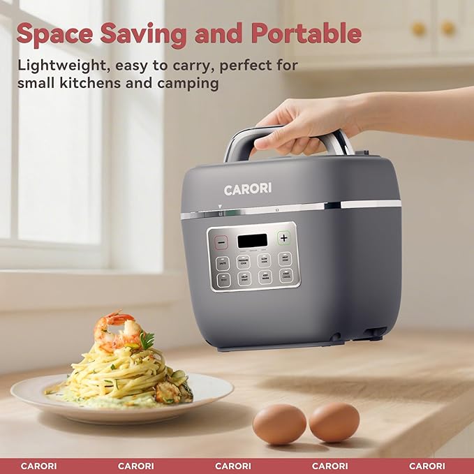 CARORI Electric Pressure Cooker 3QT, 8-Function Compact Multi-Cooker with Ceramic Nonstick Pot for Saute, Pressure Cook, Slow Cook, Meat Stew, Rice, Delay Start, Keep Warm, Safe Venting, Gray