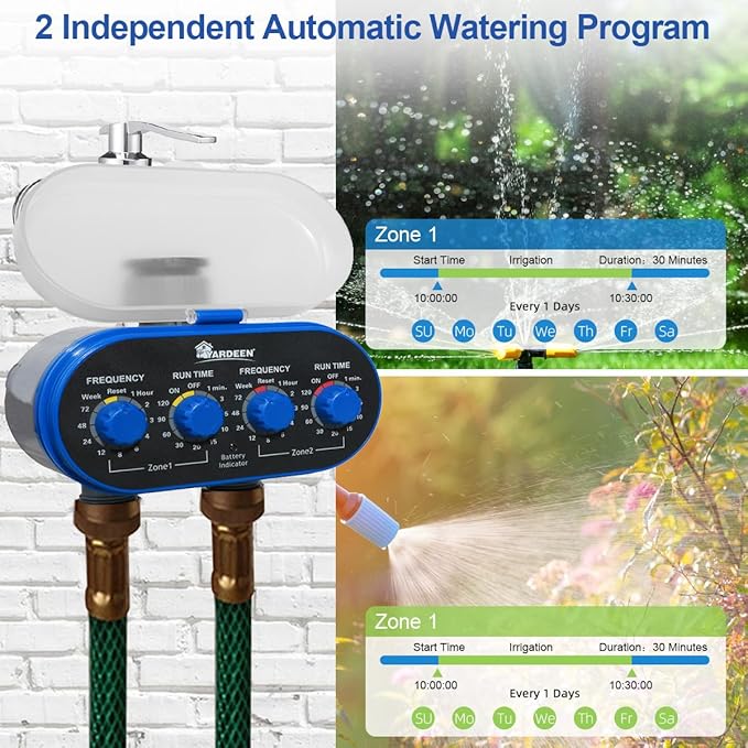 Dual Outlet Water Timer Irrigation Controller System, No Water Pressure Required