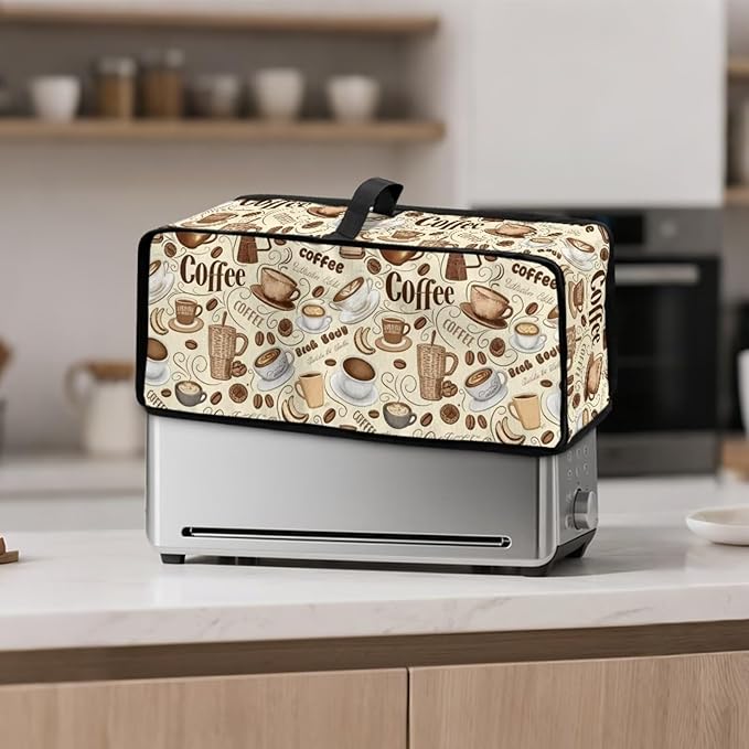 Vintage Coffee Print Slim Toaster Cover Foldable 2 Slice Long Slot 2 Slice Toaster Cover Water-Resistant Small Appliance Covers for Kitchen, Easy to Fold and Store