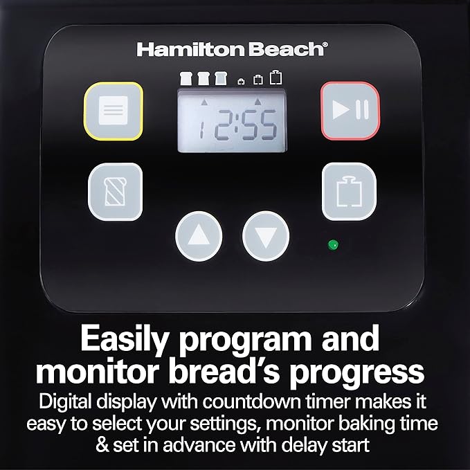 Hamilton Beach Automatic Bread Maker Machine, Digital, Programmable, 12 Settings + Gluten Free, PFAS-Free Nonstick Pan + Kneading Paddle, 2 lb Capacity, Black