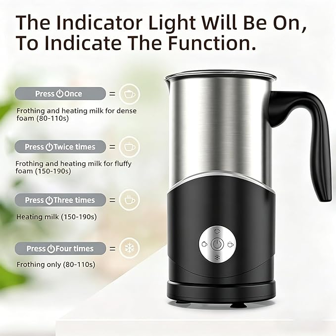 Electric Milk Frother, Stainless Steel Automatic Milk Steamer with 4 Functions, Ergonomic Handle, One-Button Operation for Hot Milk, Hot Chocolate, Hot and Cold Milk Foam