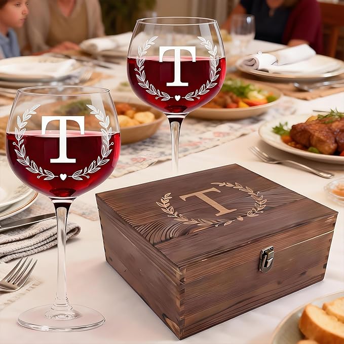 GZLDGIFTS Personalized Initial Wine Glasses Box Gift Set For Women Mom Engraved Birthday Monogrammed Wooden Christmas Gifts Wedding Anniversary Wine Couples Stopper Opener Initial Letterr (T Set)