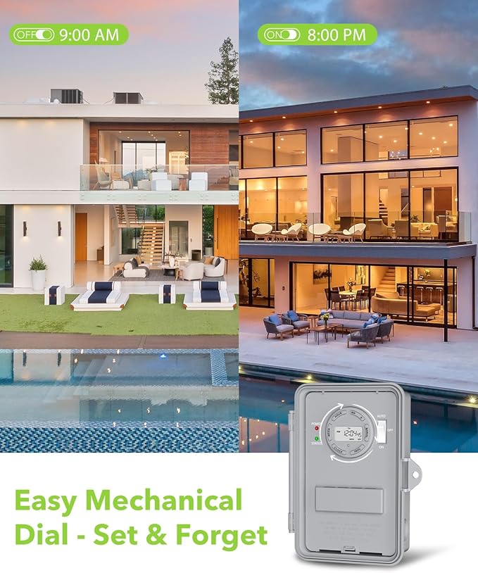 BN-LINK Pool Pump Timer, Outdoor Timer Box, Heavy Duty, 2HP 40A Max, 120, 240, 277 VAC, for Pool Pump, Water Heater, Fans, SPA, ETL Listed (Digital)