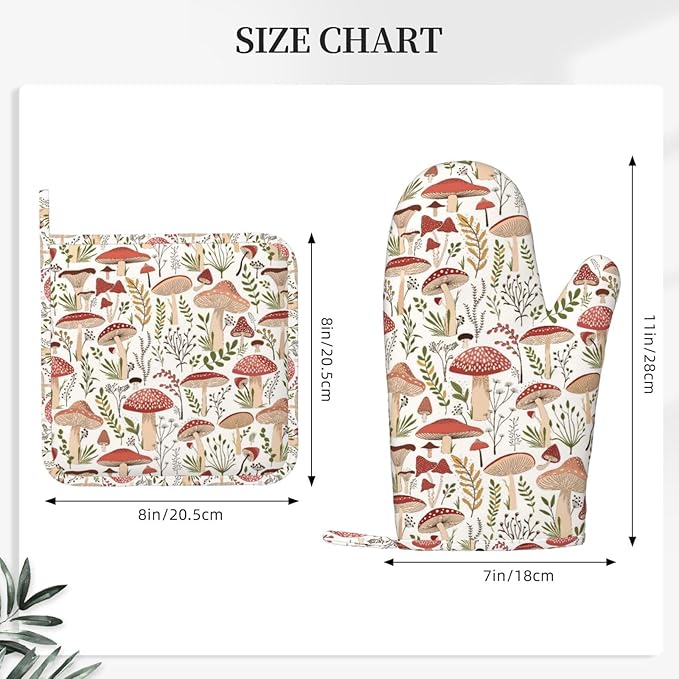 Mushroom Leaves Boho Plants Oven Mitts and Pot Holders Sets Silicone Mushrooms Kitchen Oven Mitts Hot Pads Heat Resistant Vintage Mushrooms Potholders Kitchen Mitts Set for Baking Cooking