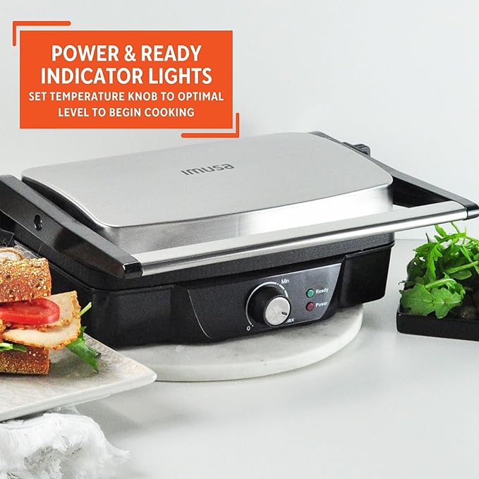 IMUSA Stainless Steel Panini Press Electric with Adjustable Temperature Settings and Nonstick Plates, 1200W