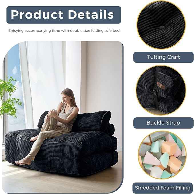 MAXYOYO Folding Sofa Bed, Convertible Sleeper Chair with Pillow Foldable Matress with Back Support, Portable Fold Out Chair Bed Comfy Floor Sofa Lounge for Living Room Bedroom, Black Double