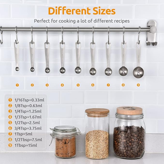 U-Taste 18/8 Stainless Steel Measuring Spoons Set of 9 and 2oz×2 Silicone Food Container Mini Kitchen Storage with Airtight Lid Set of 2 (Aqua Sky)