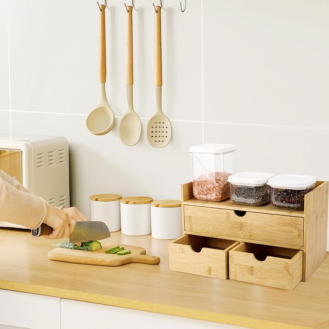 Charmewooden Bamboo Desk Organizer 3 Drawer with Shelf, Countertop Organizer with Drawers Makeup Storage Drawer 3 Drawers Tabletop Storage Organization Box Home Office Workspace