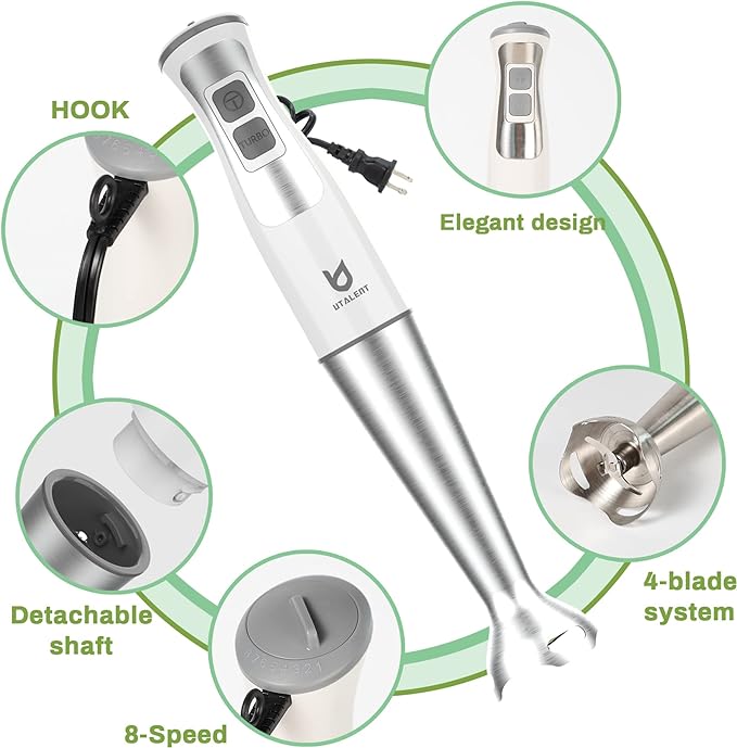 Immersion Hand Blender, UTALENT 5-in-1 8-Speed Immersion Blender with 500ml Food Grinder, 600ml Container,Milk Frother,Egg Whisk,Puree Infant Food, Smoothies, Sauces and Soups - White