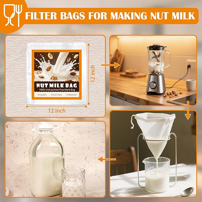 2 Pack 64 Oz Glass Milk Bottles with Nut Milk Bag & 2 Pour Spout & 2 Airtight Lids & Brush- 1/2 Gallon Heavy Duty Jug Pitcher Large Reusable Container for Milk, Juice, Water, Coffee for Refrigerator