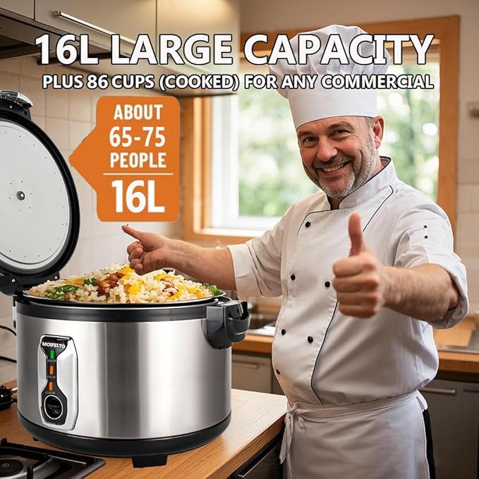 16L Commercial rice cooker 90 cups cooked Large Stainless Steel rice Commercial for 65-75 people 1550W Electiric Rice Warmer, with One-Touch Operation | Auto Keep Warm| Non-Stick Inner Pot