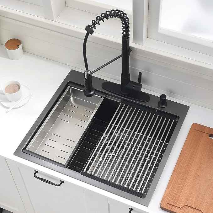 25 Inch Black Drop In Kitchen Sink Workstation - VOKIM 25x22-Inch Drop In sink 16 Gauge Stainless Steel 10'' Deep Single Bowl Handmade Kitchen Sink with Cutting Board& Strainer