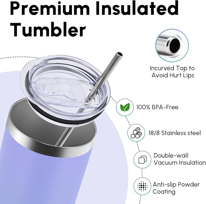 Volhoply 4 Pack Skinny Tumblers with Lid and Straw, 20oz Stainless Steel Straight Tumbler Bulk, Vacuum Insulated Coffee Mug for Home, Office, Travel, DIY (Purple Green,4 Pack)