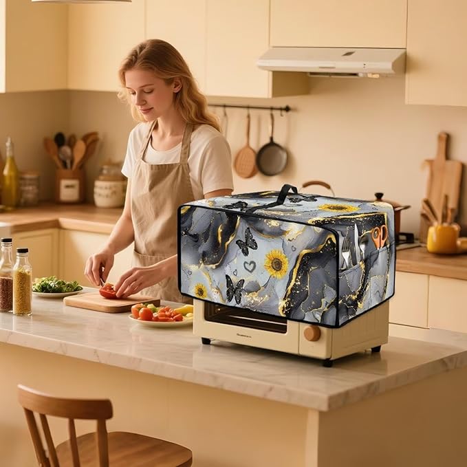 Convection Oven Cover Countertop Appliance Covers Stain-resistant Microwave Oven Protector for Kitchen Home Decor, S, Black Gray Gold Marble Butterfly Sunflower
