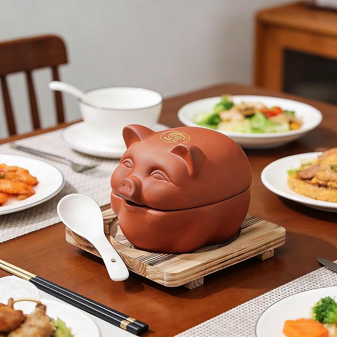 Ceramic Cooking with Lid small Heat Resistant Compatible Earthen Ceramic Cooking Pot Unglazed for Cooking, Rice Meat Soup Family Meals with Tray, spoon(11 * 9 * 9cm)