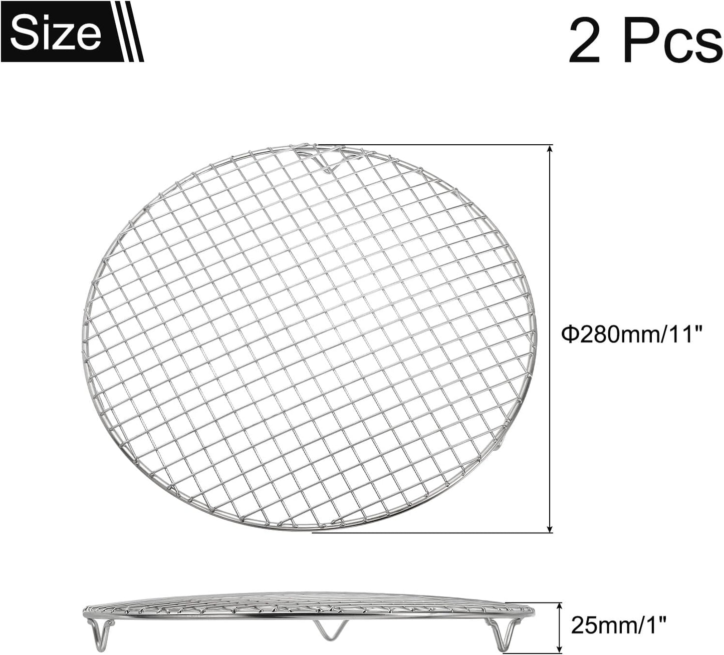 uxcell 2 Pcs Round Cooking Rack with Legs, Dia 11 Inch 304 Stainless Steel Barbecue Grill for Cooking Baking Barbecue Air Fryer Racks, Silver