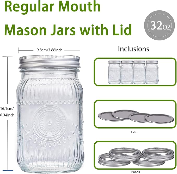 WELLIFE Sunflower Mason Jars 32oz-6Pcs