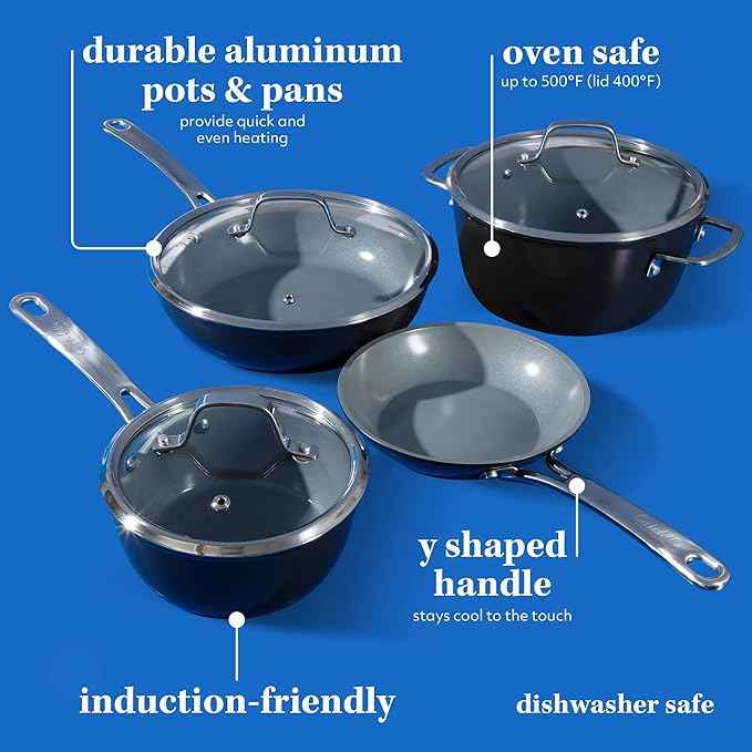 Sur La Table Kitchen Essentials 10 Piece PFA Free Titanium Ceramic Nonstick Interior Forged Aluminum Cookware Pots and Pans Set - Black - Induction Compatible