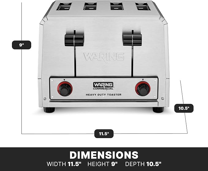 Waring Commercial WCT805B 4-Slice Heavy Duty Commercial Pop-Up Toaster, 208/240V, 2028/2700W, 6-20 Phase Plug, Silver, 10.5 x 11.5 x 9 inches