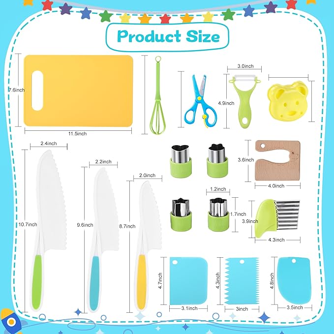 16PCS Montessori Kitchen Tools Cookware Baking Toy, Toddler Baking Set for Real Cooking includes 3 Serrated Edges Plastic Toddler Knives, Cutting Board, Y Peeler, Egg Beater, Toddler Food Picks