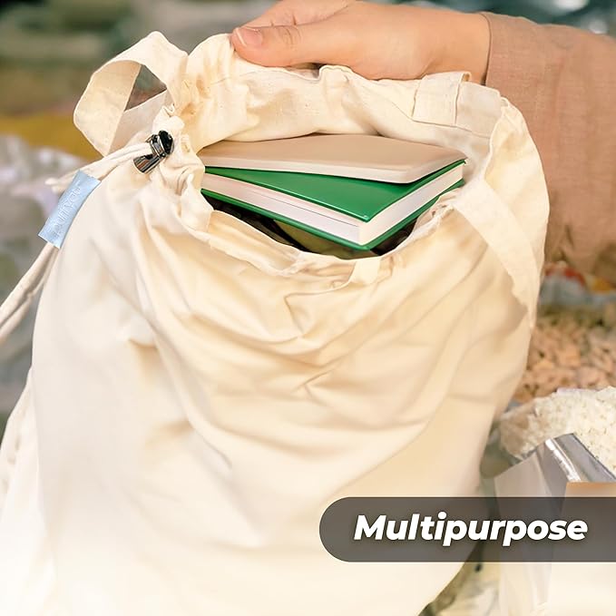 purifyou Set of 9 Mini Tote Bags with Drawstring, Reusable Organic Cotton Canvas Bags for Grocery Shopping, Dry Goods, Beach Essentials, Storage, and Travel, Washable (Large, XL)