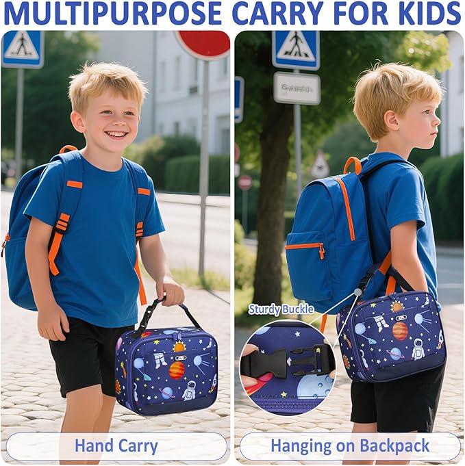 Lunch Box Kids Insulated Lunch Bag for Boys Girls Cute Reusable Lunch Tote Bag Waterproof Portable Thermal Lunch Box Kids for School Picnic Travel Blue Space