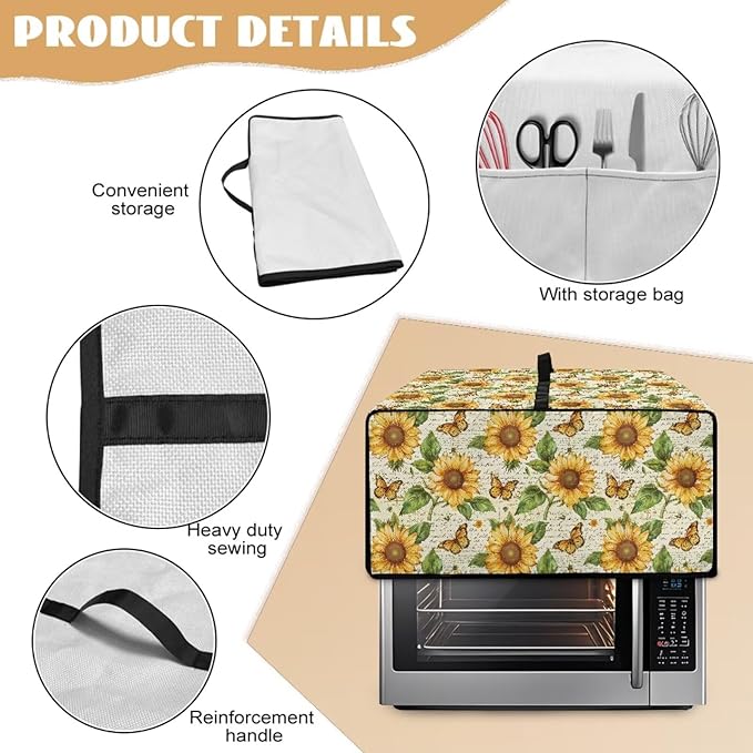 Countertop Convection Oven Cover Dust-Proof Toaster Oven Cover with Accessories Pockets, Countertop Convection Oven Protector, M, Sunflower Butterfly Retro Letter Print