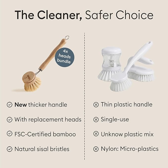 Vove Dish Brush Bundle - FSC-Certified Bamboo Dish Brush & Scrub Brush, 3 Replacement Heads - Natural Fiber Bristles - Non-Toxic, Plastic-Free Kitchen Set