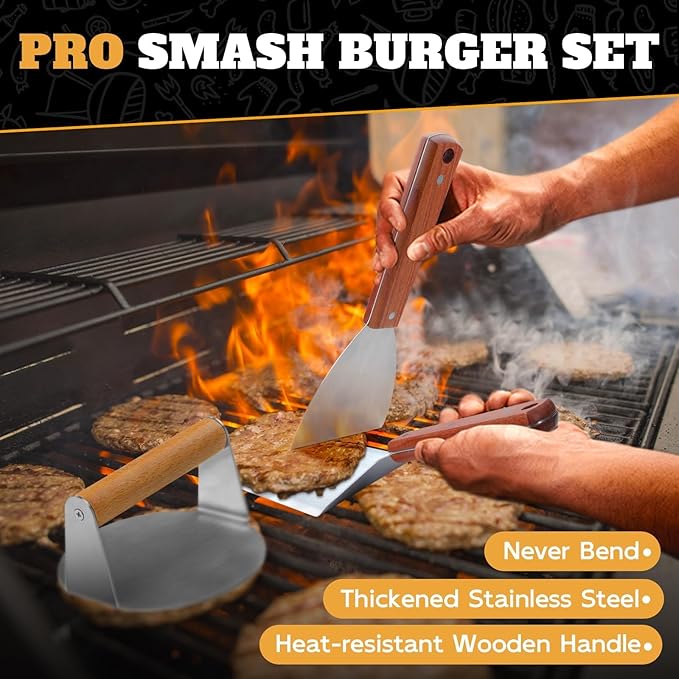 PURPLEBIRD Smash Burger Press Kit 3PCS Set, Stainless Griddle Spatulas Set with Professional Burger Smasher for Griddle, Heavy Duty Grill Press for Smash Burgers BBQ Grilling, for Men