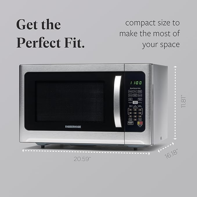 Farberware 1.2 Cu. Ft. Countertop Microwave Oven – 1000 Watts Power, Smart Sensor Auto Cook Settings, Defrost, Easy Clean and Child Safety Lock - Stainless