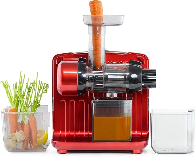 Omega Juicer Cold Press 365 Slow Masticating Vegetable and Fruit Juice Extractor and Nutrition System Makes Nut Milks Baby Food and Sorbets, 80-RPM Slow Juicer with On-Board Storage, 200-Watts, Red