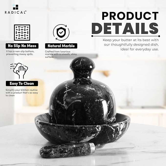 Radicaln Marble Butter Dish With Lid For Countertop 6" Inches Black Zebra Handmade Butter Spreader For Kitchen Accessories, Ideal Butter Crock for Butter & French Butter Holder