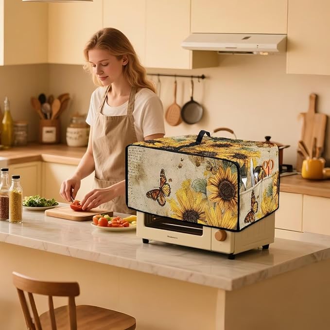 Convection Toaster Oven Cover with Pockets, Easy to Clean, Smart Microwave Baking Oven Dust Cover for Countertop, L, 18.5 x 22.5 x 13 inches, Retro Sunflower Butterfly