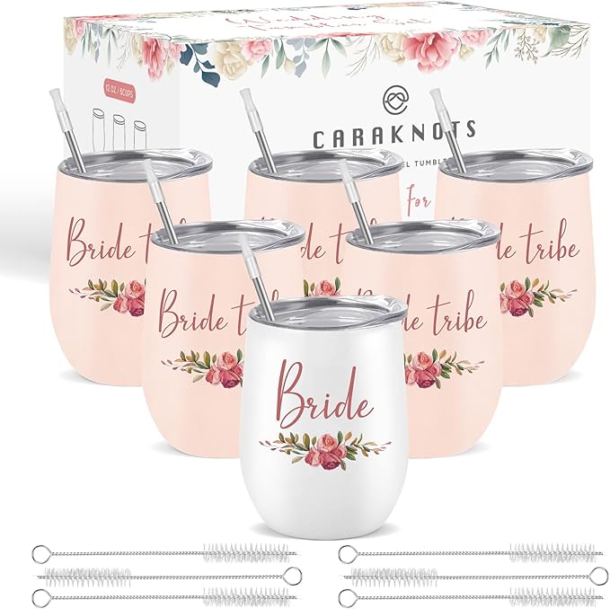 CARAKNOTS Bride Tribe Gifts Bride Tribe Cups Set of 6 Bachelorette Party Gifts Wedding Wine Tumbler for Bridal Shower Engagement Party Favor Cups Pink Stainless Steel Tumbler with Lid and Straw 12 oz