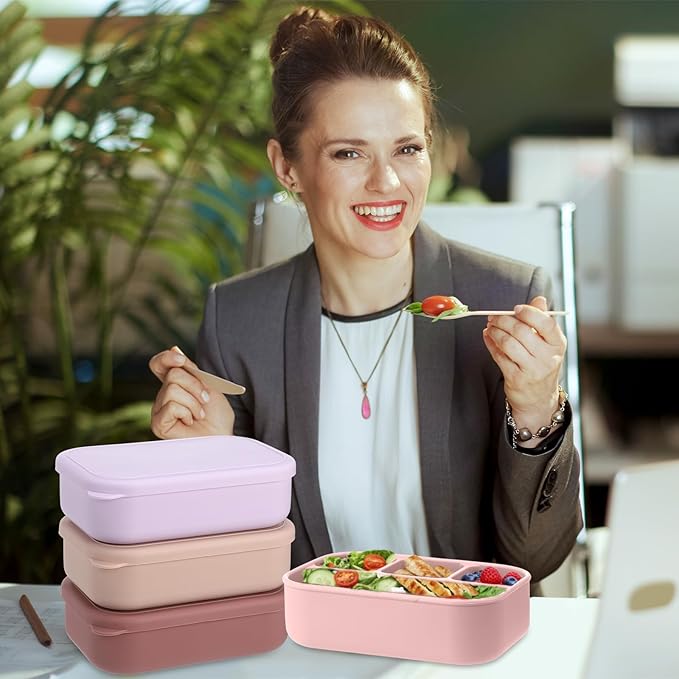 Potchen 4 Pcs Large 7.6x5x2 Inches Silicone Bento Box Reusable Lunch Container Leakproof Snack Meal Boxes for Work Travel Food Storage Microwave Dishwasher Freezer Safe 4 Compartment(Bright Color)