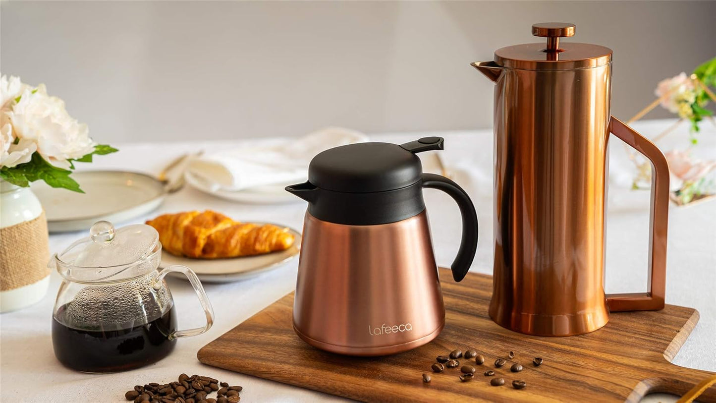 Thermal Coffee Carafe Tea Pot Stainless Steel, Double Wall Vacuum Insulated | Cool Touch Handle | Hot & Cold Retention | Non-Slip Silicone Base | BPA Free Copper