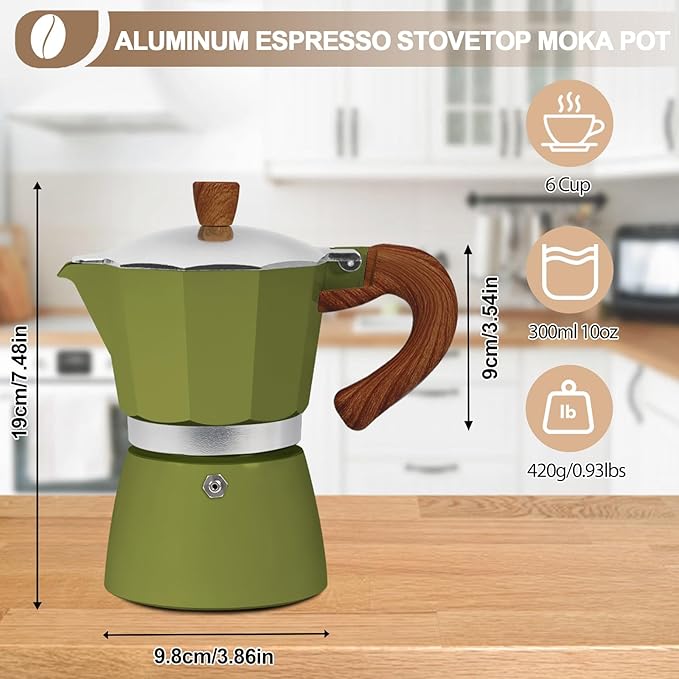 Aluminum 6 Cup 300ml Moka Pot Express Coffee Maker Stovetop Espresso Colorful Coffeemaker Italian Classic Style Brewing Greca Cafe Mocha Machine for Cafeteras Lover Camping Travel and Home Use 10oz