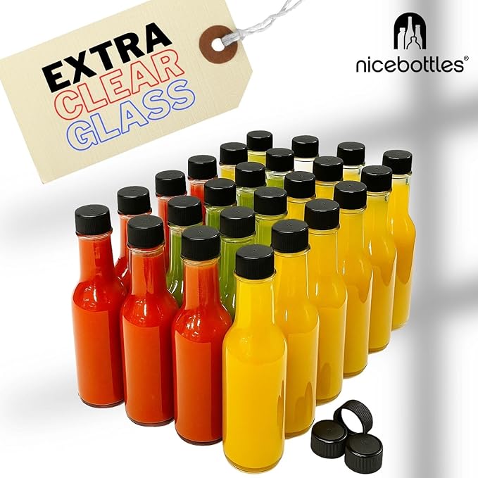 Hot Sauce Bottles with Shrink Bands, 5 Oz (Black Cap, 12 Pack)