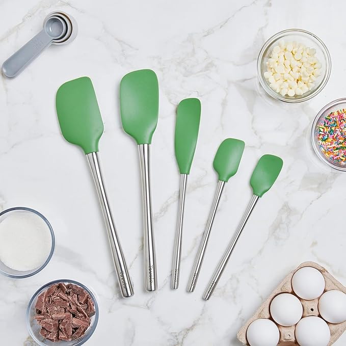 Tovolo Stainless Steel Handled Silicone Spatula Set of 5 Oyster Gray, Dishwasher Safe Kitchen Spatula Set for Cooking Baking, Non Toxic BPA Free Silicone Spatula set with Metal Steel Handle