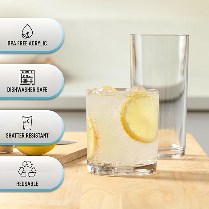 Zulay Kitchen Plastic Drinking Glasses (Set of 16) – Mixed 16oz & 12oz Acrylic Shatterproof Cups for Home, Kitchen & Outdoors – Crystal Clear Glass Look – BPA & Lead-Free – Top-Rack Dishwasher Safe