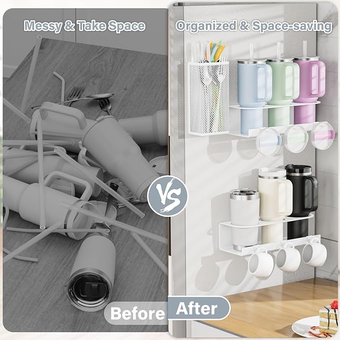 Magnetic Cup Holder For Stanley 20/30/40oz - 2 Pack Tumbler Organizer for Stanley - Water Bottle Organizer for Fridge with Straw Basket & 6 Hooks for Tumbler Cup Lids Accessories Organization White