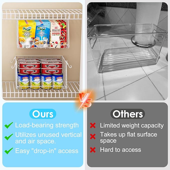 Jsskeeim 3-Pack Under Shelf Hanging Baskets with 360° Rotating Hooks - Space Saving Pantry Shelf Organizer for Kitchen Storage, Foldable Small Space Solutions for Pantry Organization, White
