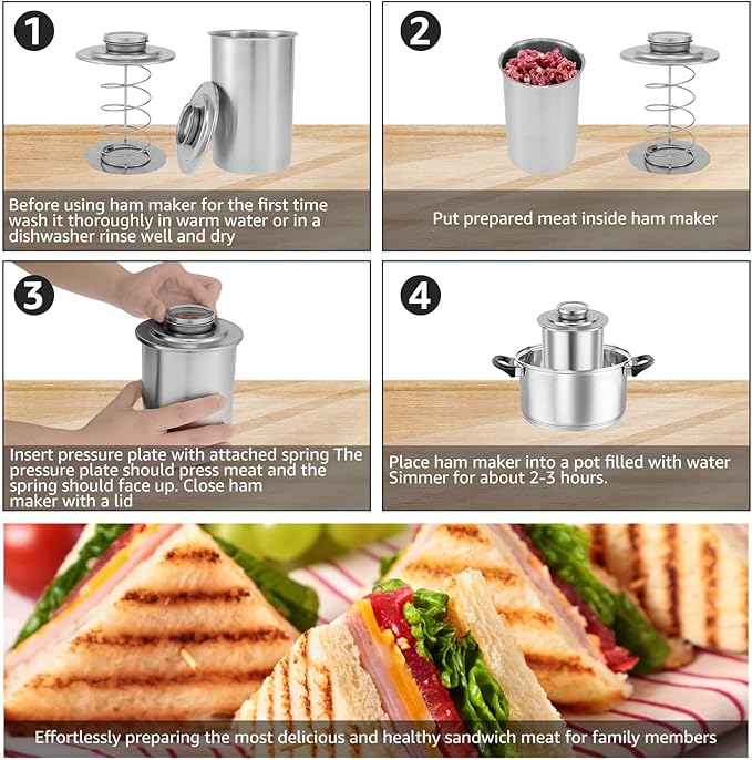 Ham Meat Press Maker with Thermometer, Stainless Steel Ham Press Maker Machine Gourmet Cooking Tools, Round Shape Meat Press Maker Machine, Kitchen Bacon Meat Pressure Cookers Boiler Pot