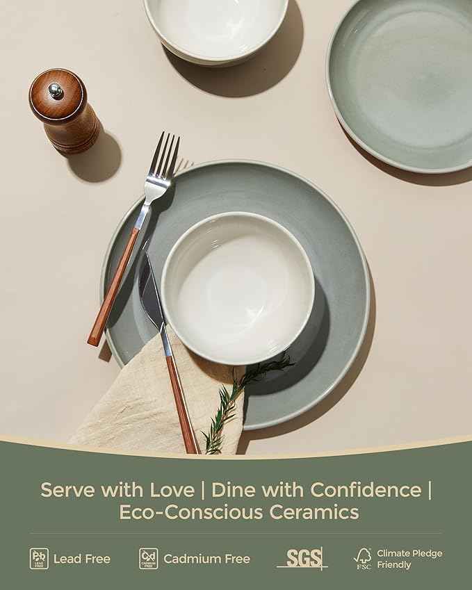 Stoneware Dinnerware Sets for 6, Microwave Safe Plate and Bowl Set, Easy to Clean & Durable Dishes Sets for Small to Medium Families, Gray Green