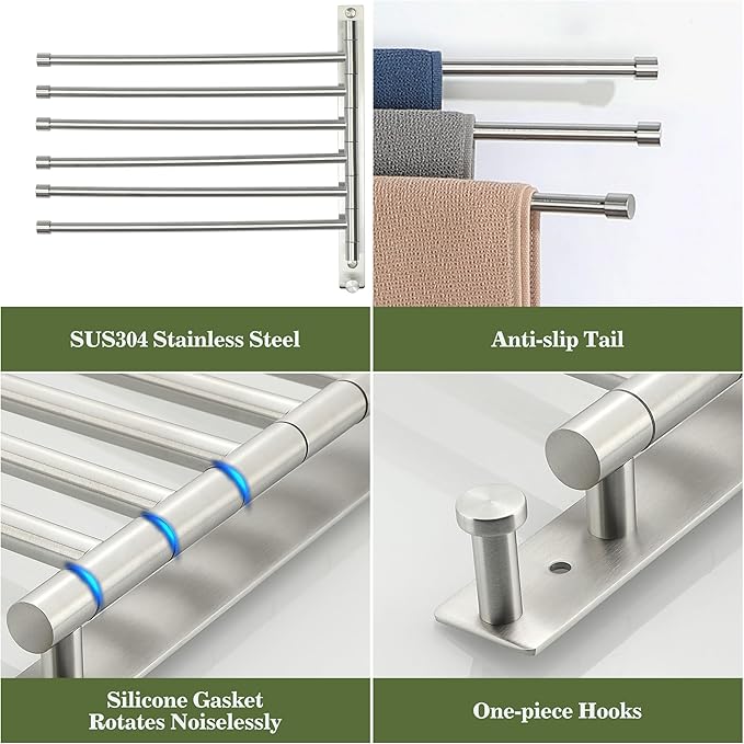 Alise Swivel Towel Rack, SUS304 Stainless Steel 6 Arms Towel Bar, Space Saving Swing Out Towel Bar with Hook, Towel Racks Wall Mounted for Bathroom, Brushed Nickel
