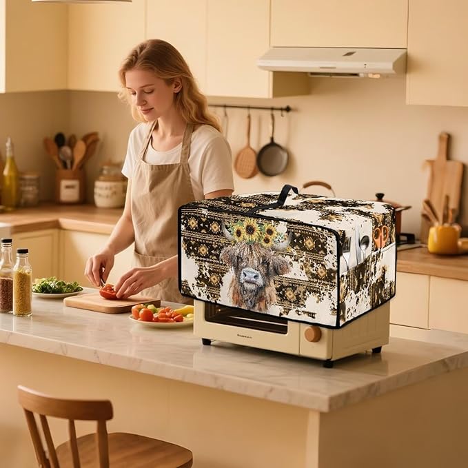 Convection Toaster Oven Cover with Pockets, Easy to Clean, Smart Microwave Baking Oven Dust Cover for Countertop, M, Aztec Highland Cow Sunflower Tribal Pattern
