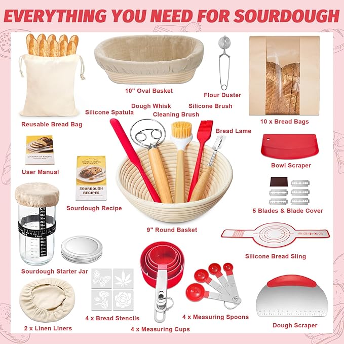 EWFEN Sourdough Starter Kit with Round & Oval Banneton, Complete Sourdough Bread Baking Supplies, Bread Proofing Basket with Starter Jar, Bread Making Tools Kit for Beginners & Bakers