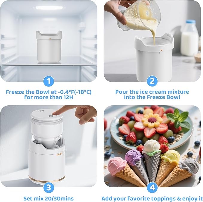 BRIOBITE Ice Cream Maker,Rechargeable Soft Ice Cream Machine with Low Noise,Compact for 1-2 Servings,Perfect for Sorbet,Gelato,Frozen Yogurt,White